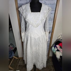 Vtg 70s Ivory Floral Lace Long Sleeve Prairie Bridal Dress